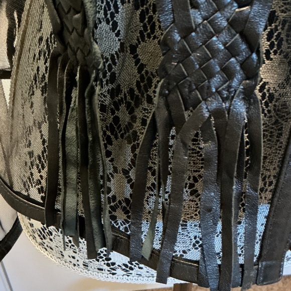 Sheer Black Lace Zip-Front Blouse with Leather Collar and Accent - Picture 3 of 7